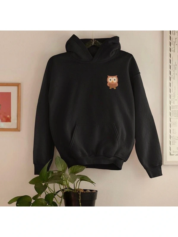 Siyah Kapşonlu Baykuş Baskılı Pamuklu Oversıze Sweatshirt
