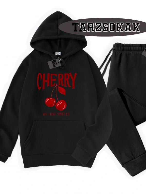 Siyah Kapşonlu Cherry Detaylı ikili TAKIM