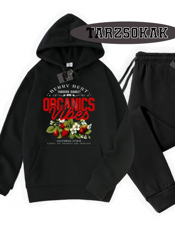 Siyah Kapşonlu Çilek Detaylı ikili TAKIM