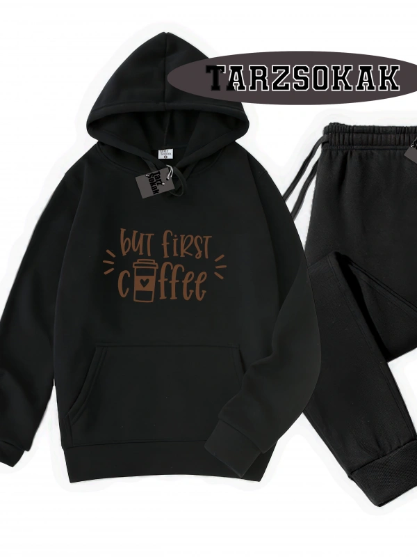 Siyah Kapşonlu Coffee Detaylı ikili TAKIM