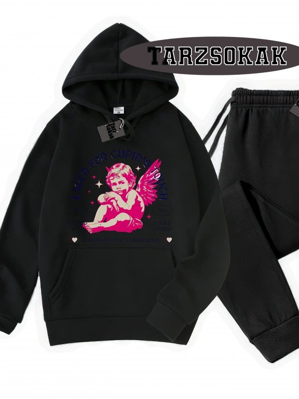 Siyah Kapşonlu Eager Detaylı ikili TAKIM