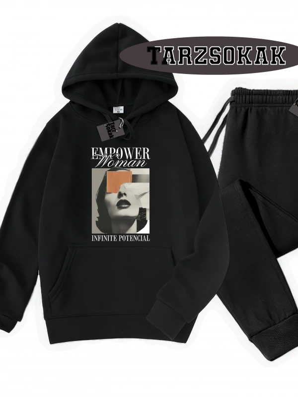 Siyah Kapşonlu EmpoweR Detaylı ikili TAKIM