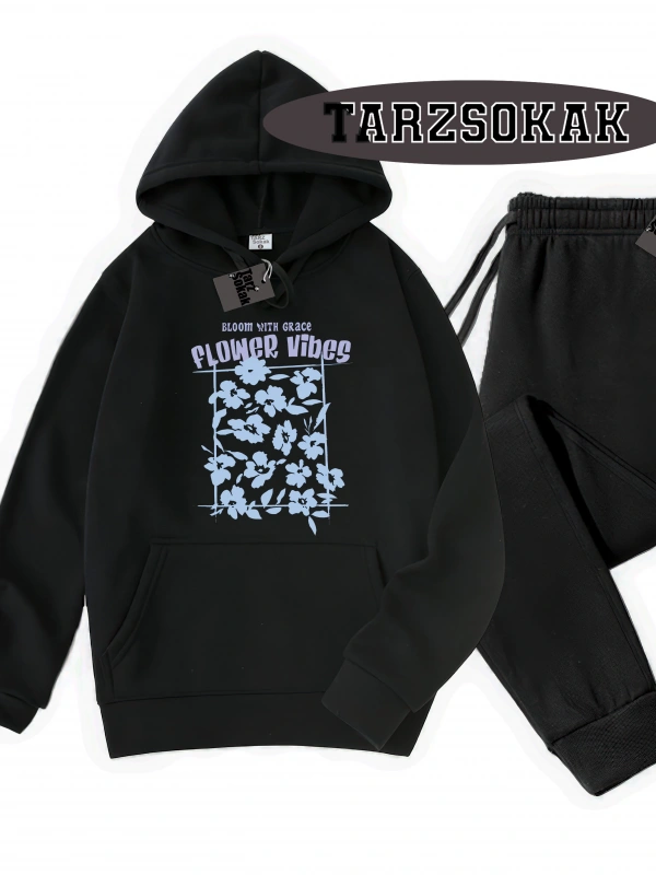 Siyah Kapşonlu Flower Detaylı ikili TAKIM