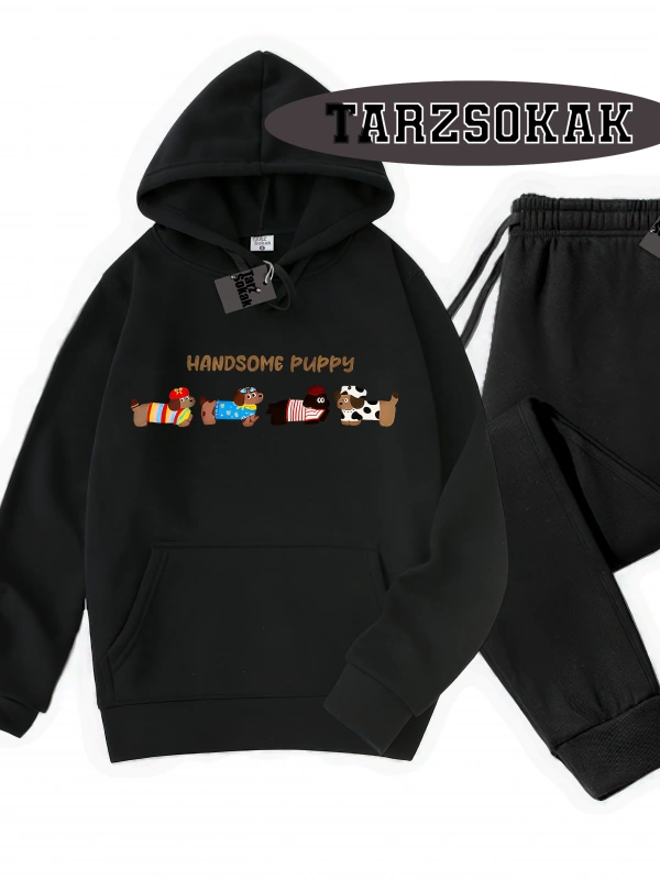 Siyah Kapşonlu Handsome Detaylı ikili TAKIM