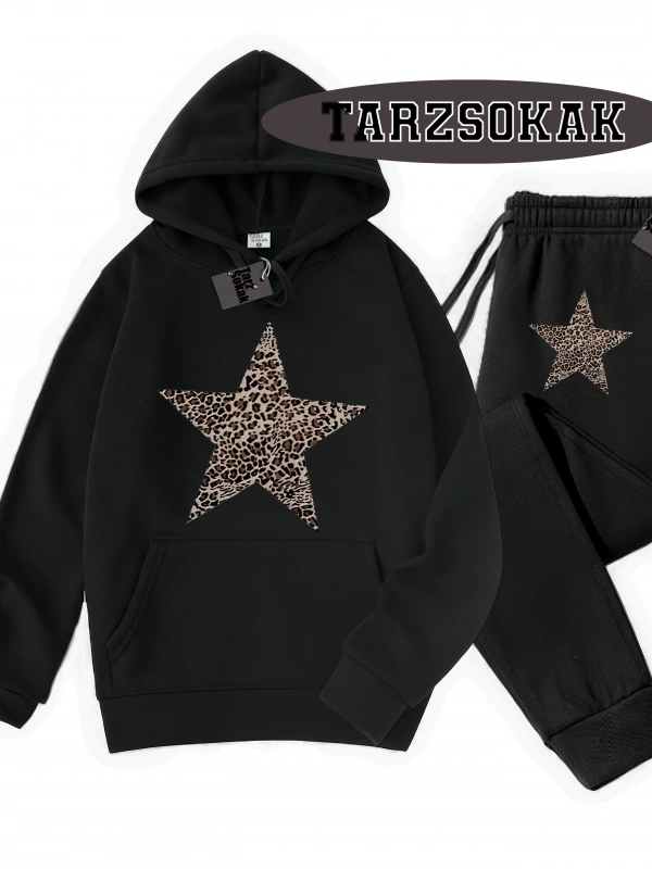 Siyah Kapşonlu Leopar Yıldız Detaylı ikili TAKIM