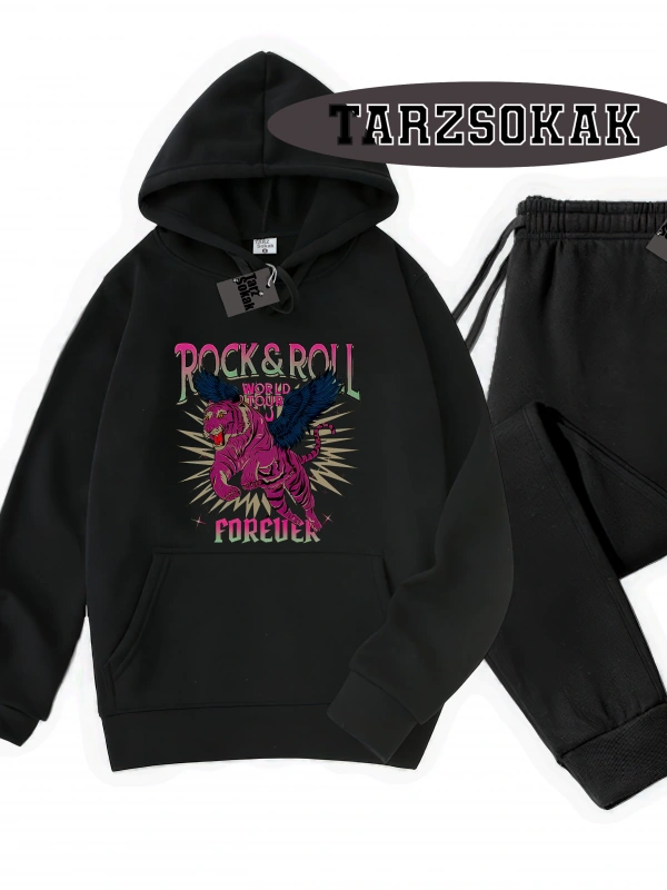 Siyah Kapşonlu RockRoll Detaylı ikili TAKIM