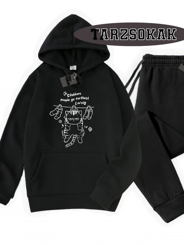 Siyah Kapşonlu Stubborn Detaylı ikili TAKIM