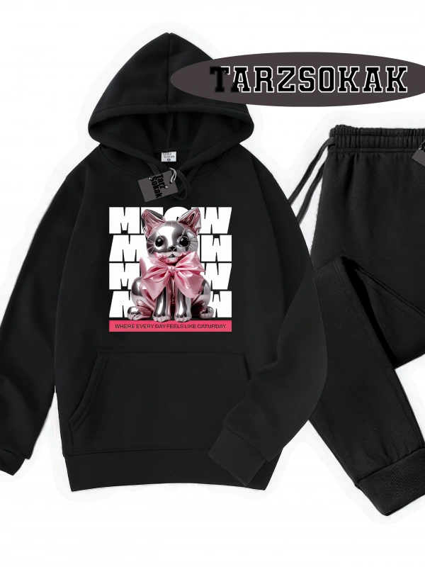 Siyah Kapşonlu Where Everday Detaylı ikili TAKIM