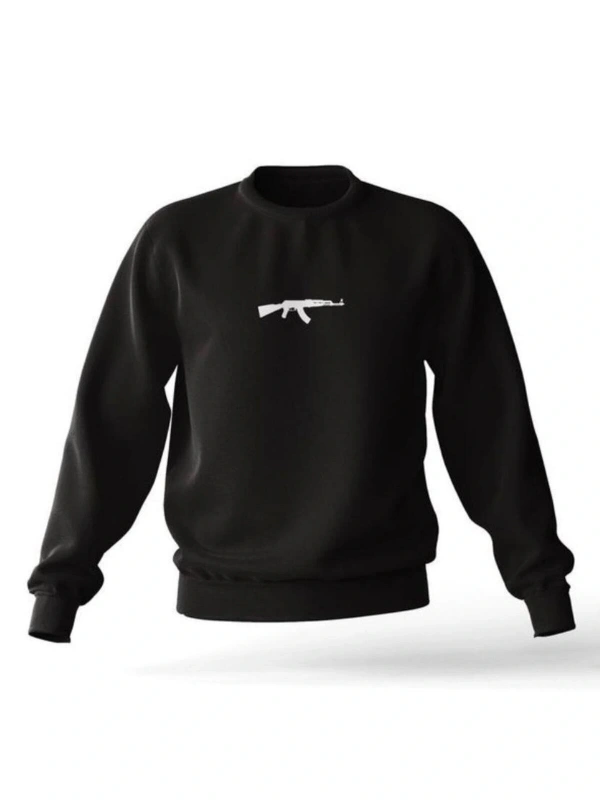 Siyah Kapşonsuz 0 Yaka Ak-47 Baskılı Pamuklu Unısex Oversıze Sweatshirt
