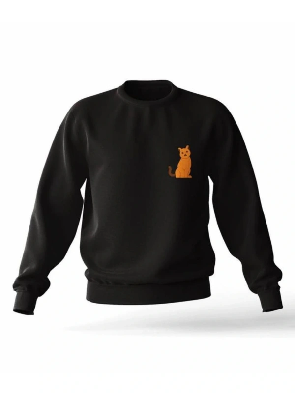Siyah Kapşonsuz 0 Yaka Kedi Baskılı Pamuklu Unisex Sweatshirt