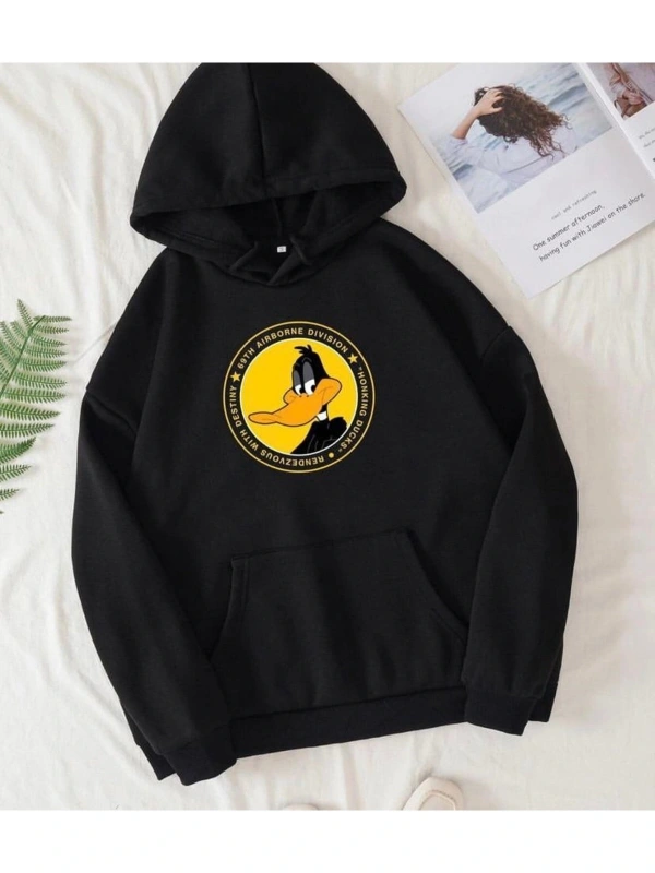 Siyah Oversize 0 Yaka Kapşonsuz Daffy Duck Baskılı Pamuklu Sweatshirt