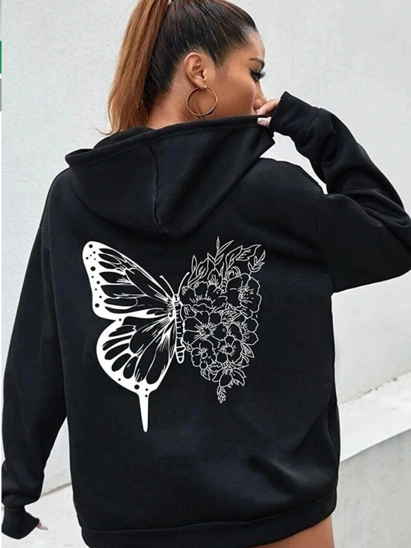 Siyah Oversize 3 Iplik Kalın Içi Polarlı Fermuarlı Kelebek Baskılı 1.kalite Bol Kesim Sweatshirt