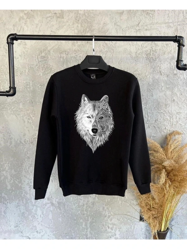 Siyah Oversize Alfa Kurt Baskılı Kapşonsuz 0 Yaka Pamuklu Unisex Sweatshirt