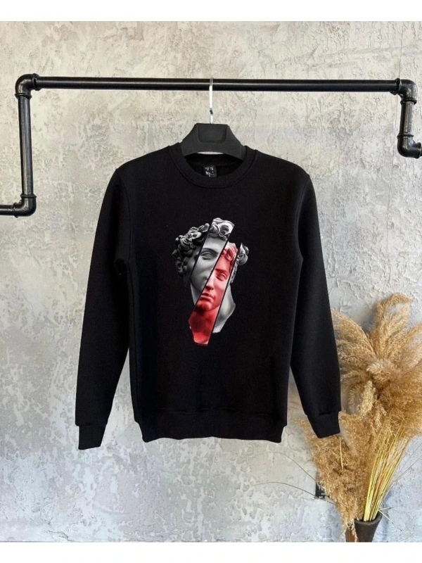 Siyah Oversize Baskılı Kapşonsuz 0 Yaka Pamuklu Unisex Sweatshirt