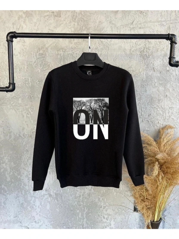 Siyah Oversize Baskılı Kapşonsuz 0 Yaka Pamuklu Unisex Sweatshirt
