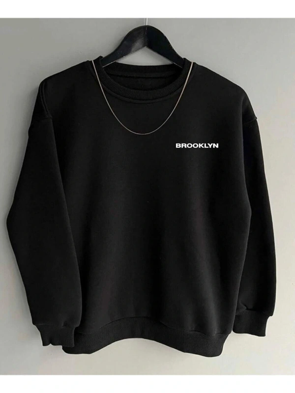 Siyah Oversize Brooklyn Baskılı Pamuklu Kapşonsuz 0 Yaka Unisex Sweatshirt