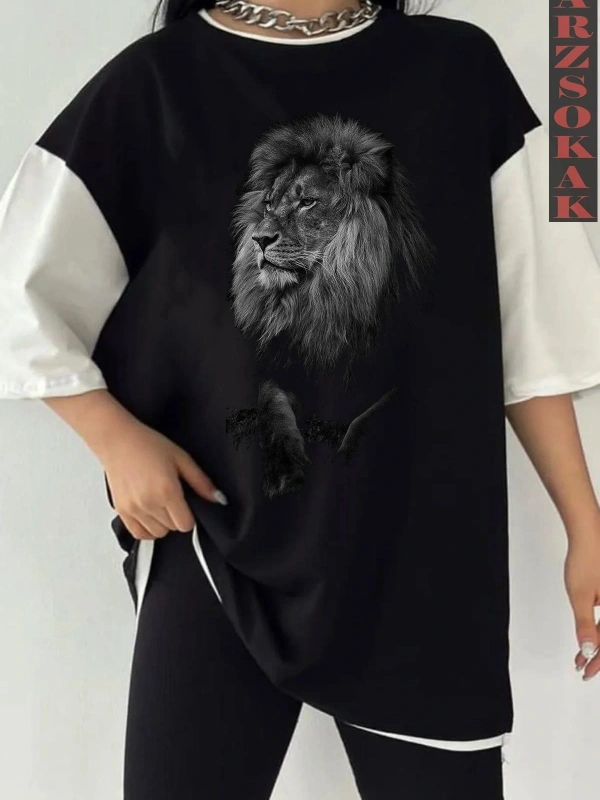 Siyah Oversize Çift Renk ASLAN 3 Baskılı Unisex Tshirt