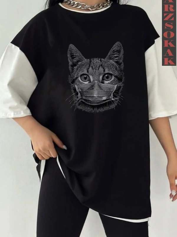 Siyah Oversize Çift Renk CAT  Baskılı Unisex Tshirt