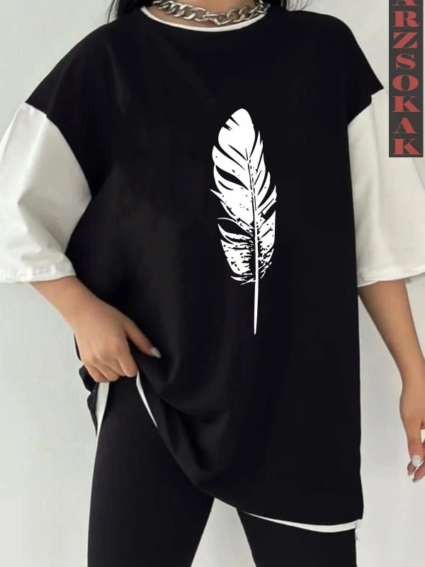 Siyah Oversize Çift Renk TÜY  Baskılı Unisex Tshirt