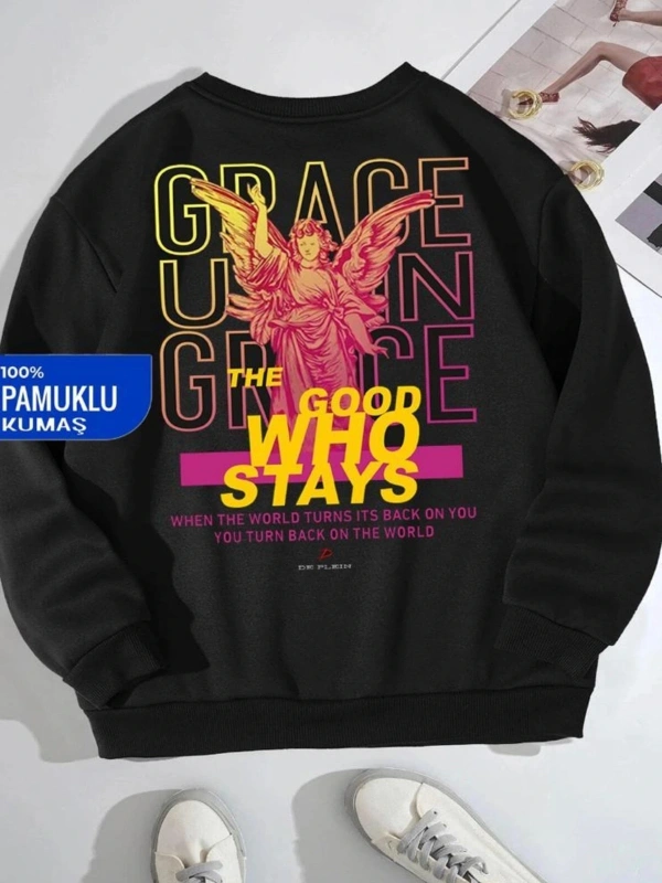 Siyah Oversize Goog Grace Baskılı Pamuklu Kapşonsuz 0 Yaka Unisex Sweatshirt
