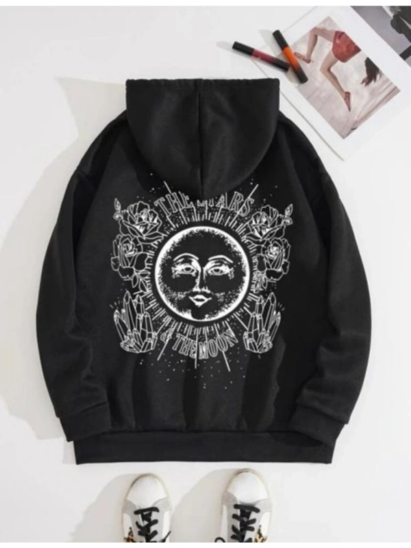 Siyah Oversize Güneş Baskılı Kapşonlu Kanguru Cepli Unisex Swetshirt