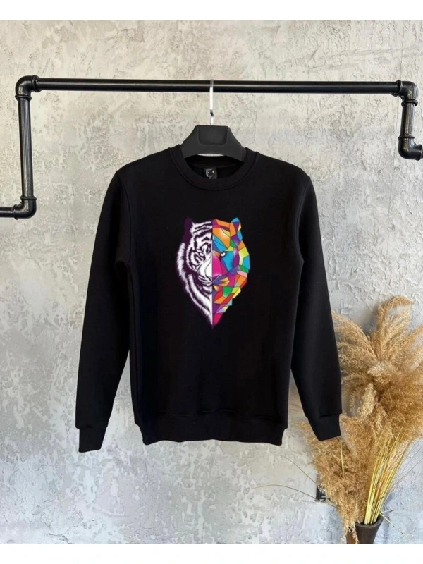 Siyah Oversize Kaplan Baskılı Kapşonsuz 0 Yaka Pamuklu Unisex Sweatshirt