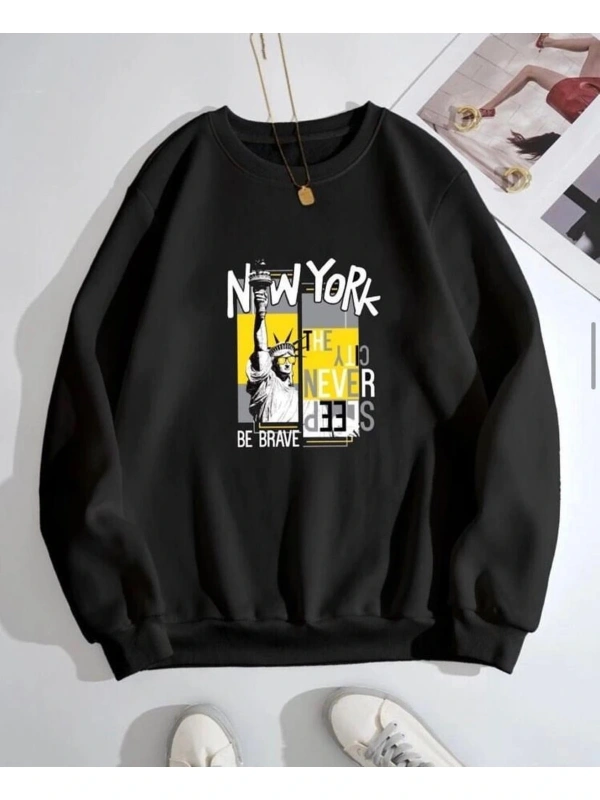 Siyah Oversize Kapşonsuz 0 Yaka Newyork Baskılı Pamuklu Unisex Sweatshirt