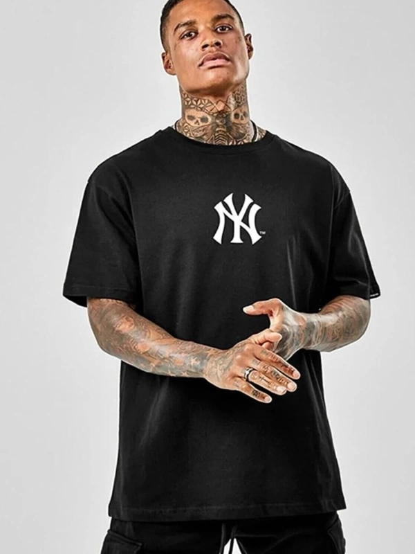 Siyah Oversize Ny Ci?ty Baskılı Pamuklu Unisex Bisiklet Yaka Tshirt