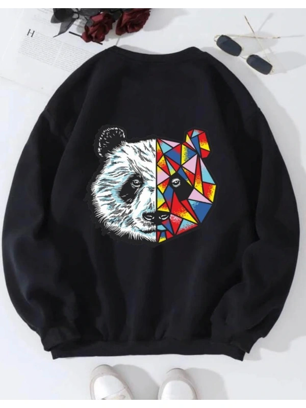 Siyah Oversize Panda Baskılı Pamuklu 0 Yaka Kapşonsuz Unisex Sweatshirt