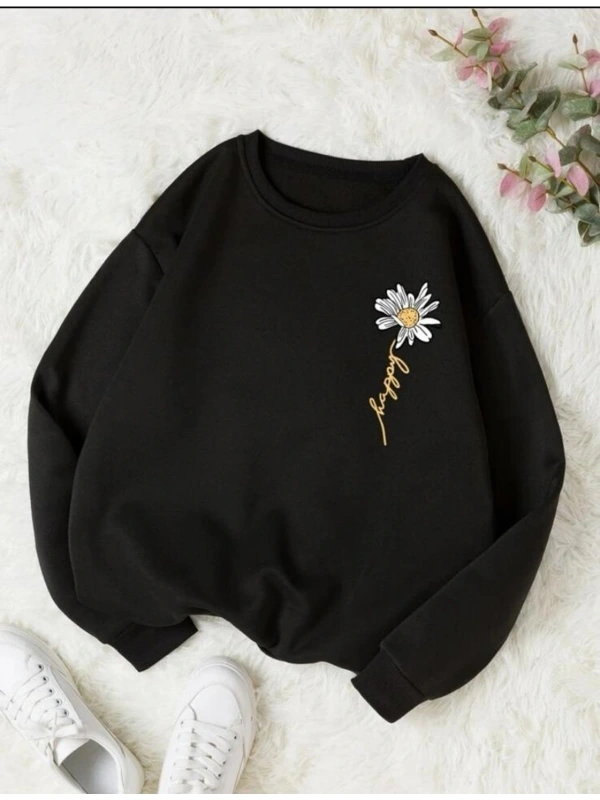 Siyah Oversize Papatya Baskılı 0 Yaka Kapşonsuz Pamuklu Kadın Sweatshirt