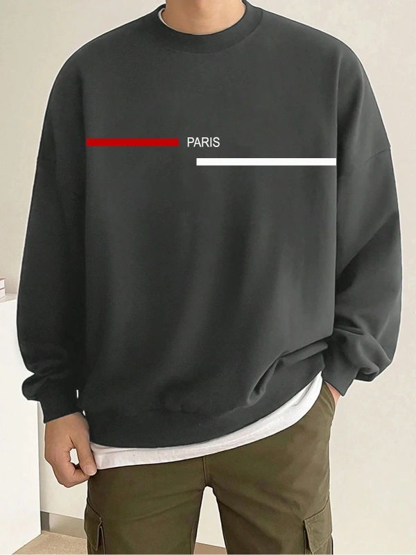 Siyah Oversize Paris Şerit Baskılı Pamuklu Kapşonsuz Bisiklet Yaka Unisex Sweatshirt