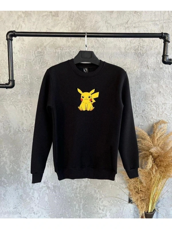Siyah Oversize Pikaçu Baskılı Kapşonsuz 0 Yaka Pamuklu Unisex Sweatshirt