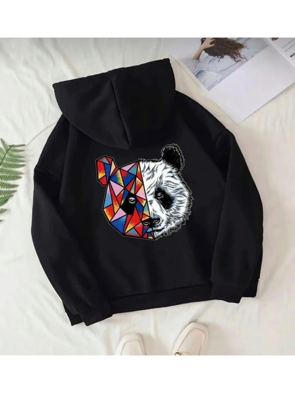 Siyah Oversize Renkli Panda Baskılı Kapşonlu Kanguru Cepli Pamuklu Sweatshirt
