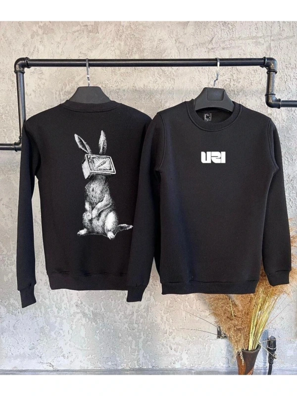 Siyah Oversize Tavşan Ön Arka Baskılı Kapşonsuz 0 Yaka Pamuklu Unisex Sweatshirt