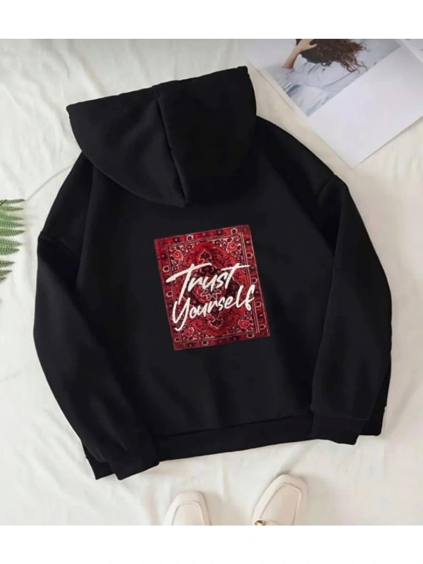 Siyah Oversize Trust Yourself Baskılı Kapşonlu Kanguru Cepli Pamuklu Sweatshirt
