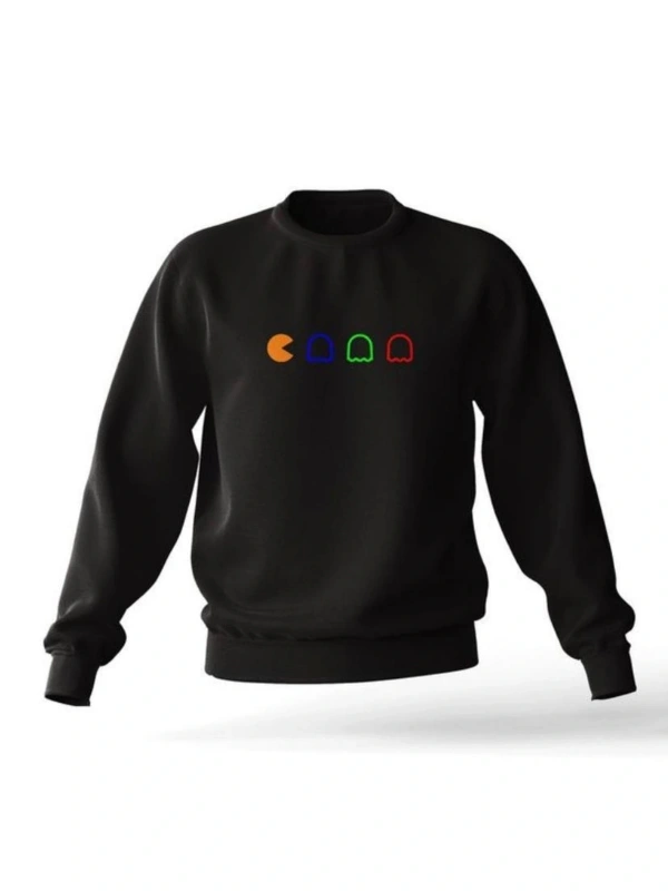 Siyah Oversıze Unisex Pacman Baskılı Pamuklu Kapşonsuz 0 Yaka Sweatshirt