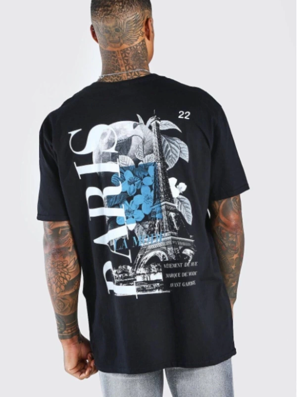 Siyah Paris Baskılı Oversize Bisiklet Yaka T-shirt