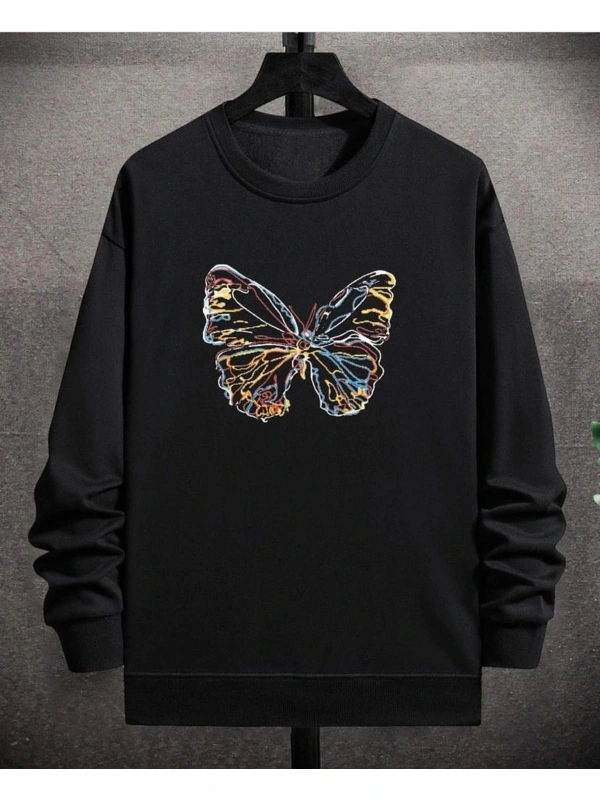 Siyah Renkli Kelebek Baskılı 0 Yaka Kapşonsuz Pamuklu Sweatshirt