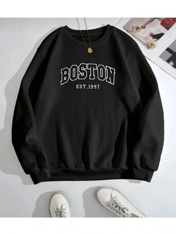 Siyah Unisex Boston Baskılı 0 Yaka Kapşonsuz Pamuklu Sweatshirt