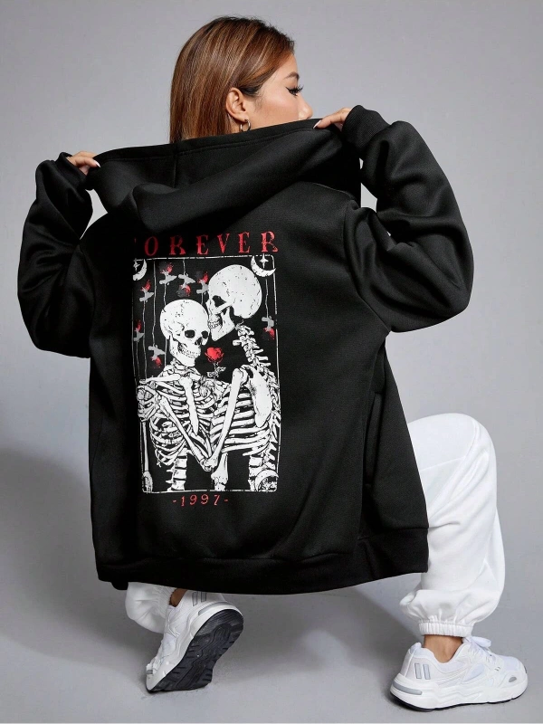 Skeleton & Letter Graphic Zip Up Hoodie Siyah