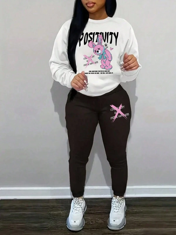Slayr Kadın Karikatür Mektup Baskılı Kazak Sweatshirt Ve Eşofman Altı İki Parça Set