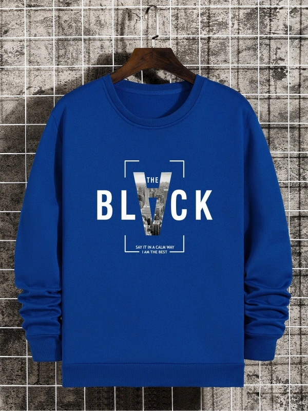 Slogan & Building Print Pullover Sweatshirt MAVİRENK