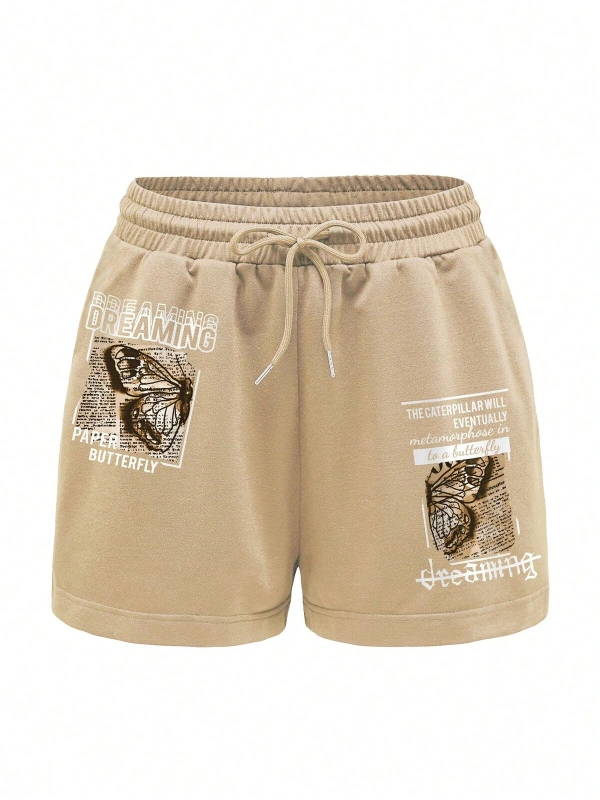 Slogan & Butterfly Graphic Drawstring Waist Şort