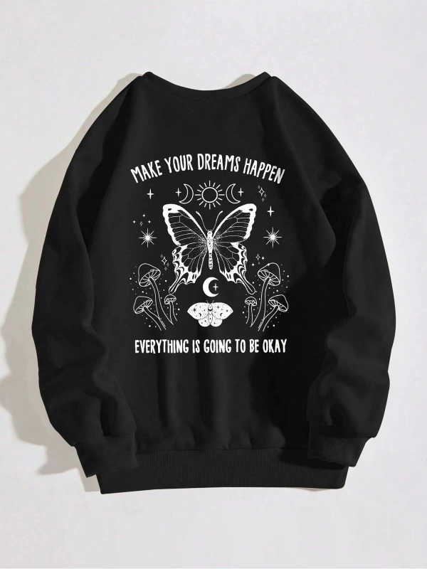 Slogan & Butterfly Print Pullover Siyah