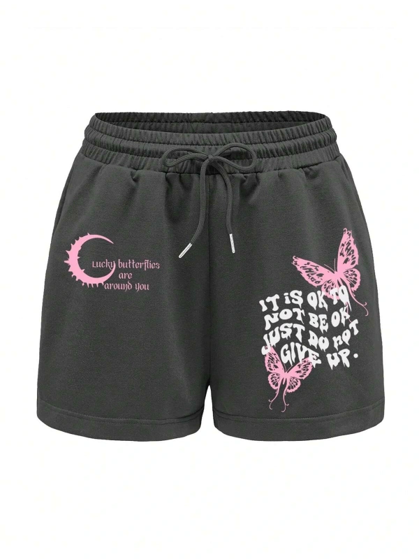 Slogan & Butterfly Print Tie Waist Şort