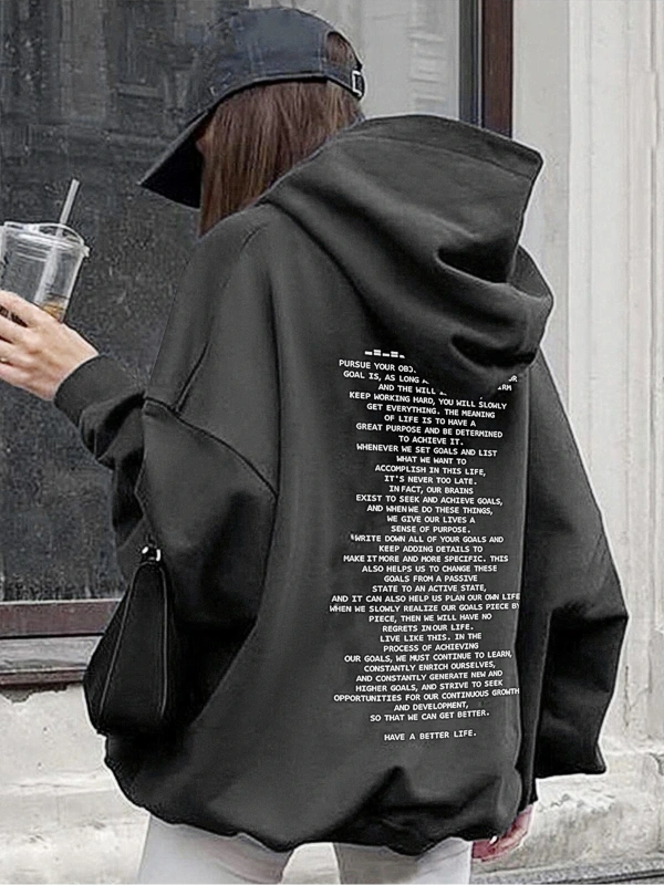 Slogan Grafikli Damla Omuzlu Kapüşonlu Üst Gri