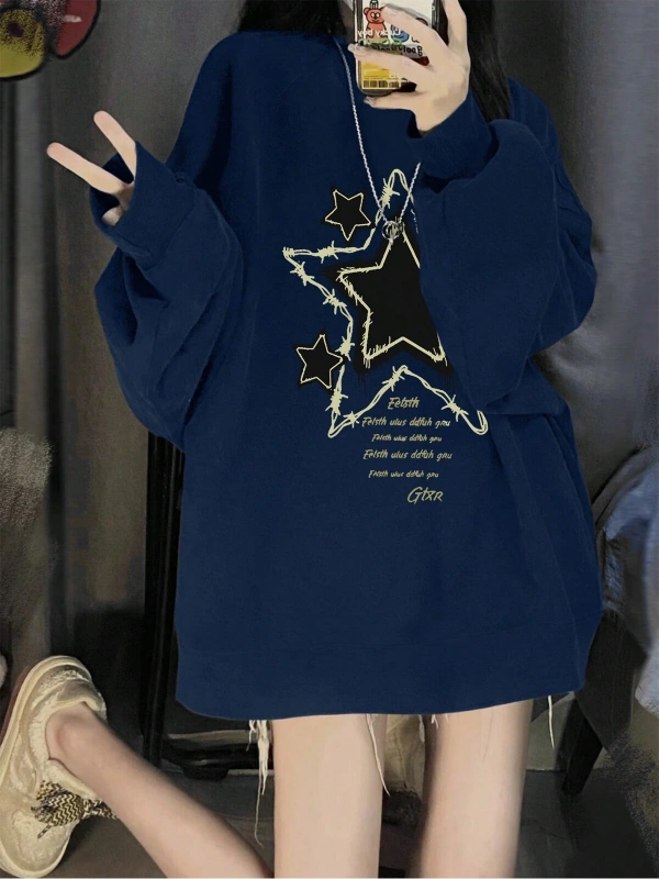 Slogan Grafikli Düşük Omuz Oversize Sweat Lacivert