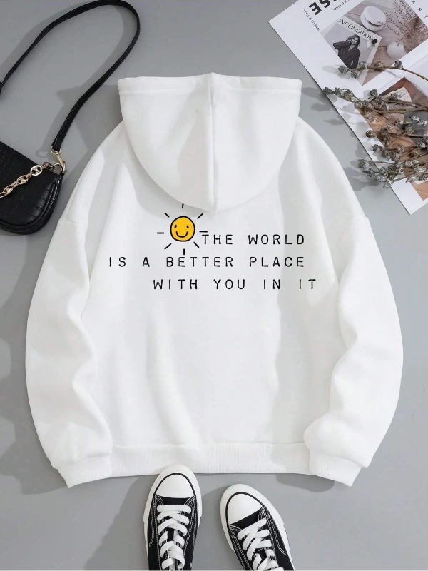 Slogan Graphic Drawstring Lined Kangaroo Pocket Hoodie Beyaz