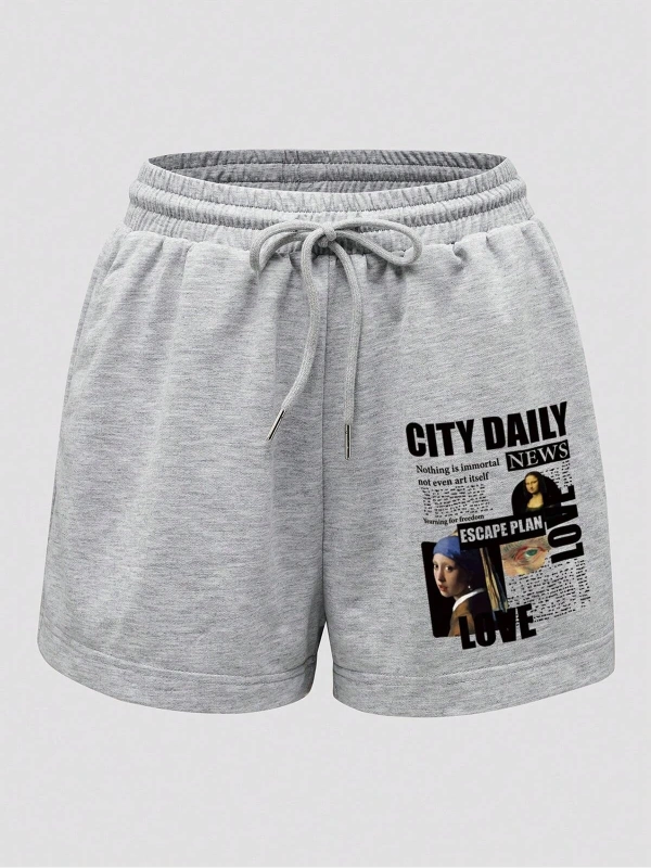 Slogan Graphic Drawstring Waist Track Şort