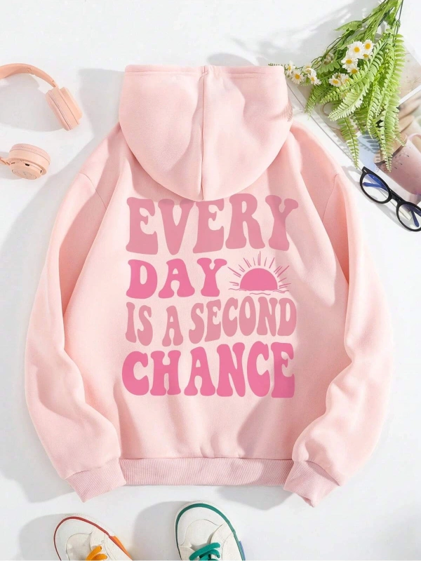 Slogan Graphic Kangaroo Pocket Drawstring Hoodie Pembe